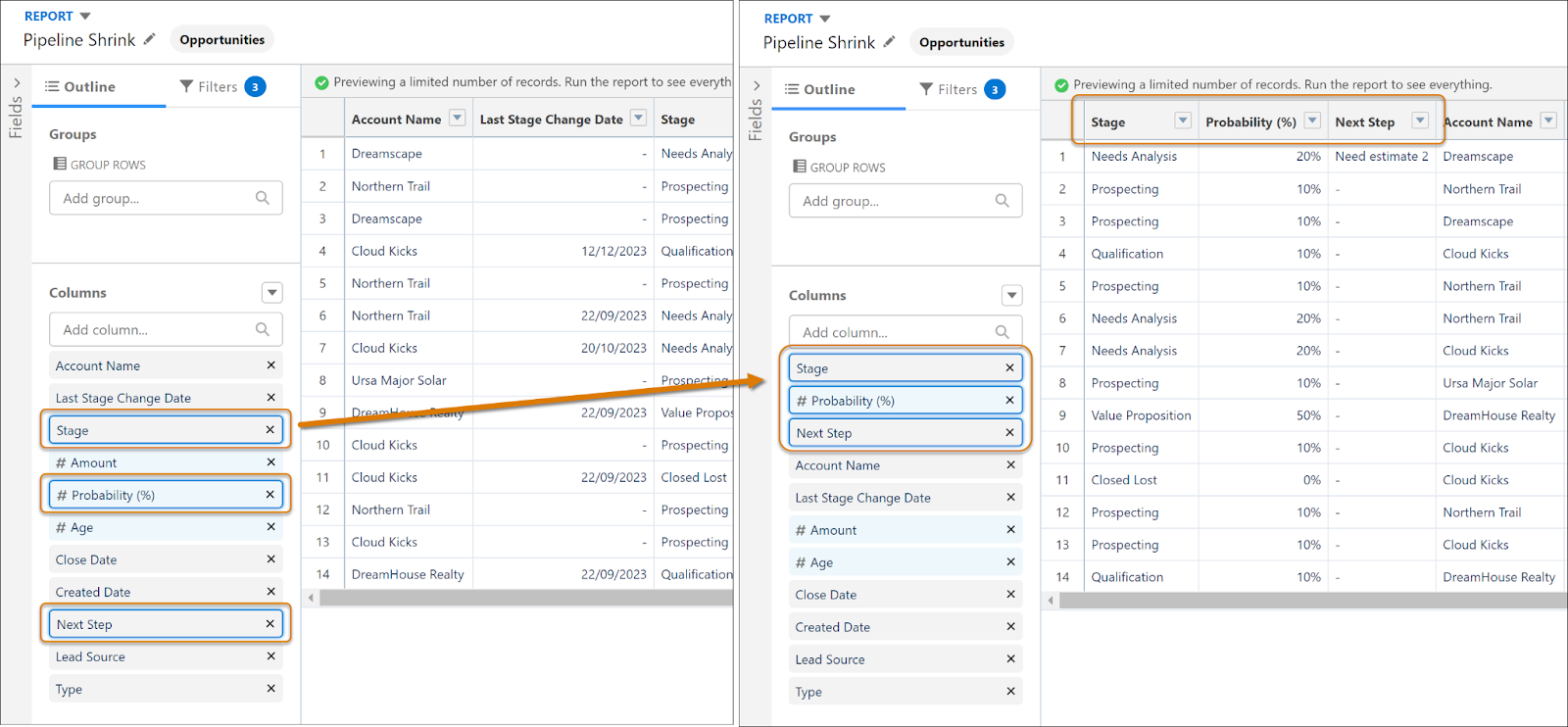 Screenshot of  changing the field report filters operated on