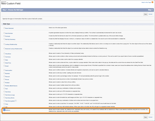 Screenshot of custom address fields