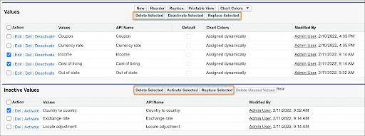 Screenshot of bulk manage picklist values