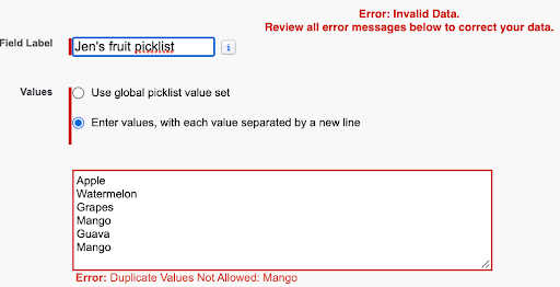 Screenshot of duplicate picklist values