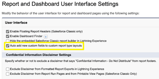 Screenshot of Report and Dashboard User Interface Settings