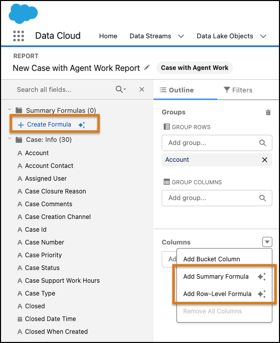 Screenshot of choosing create formula, adding summary formula and adding row level formula