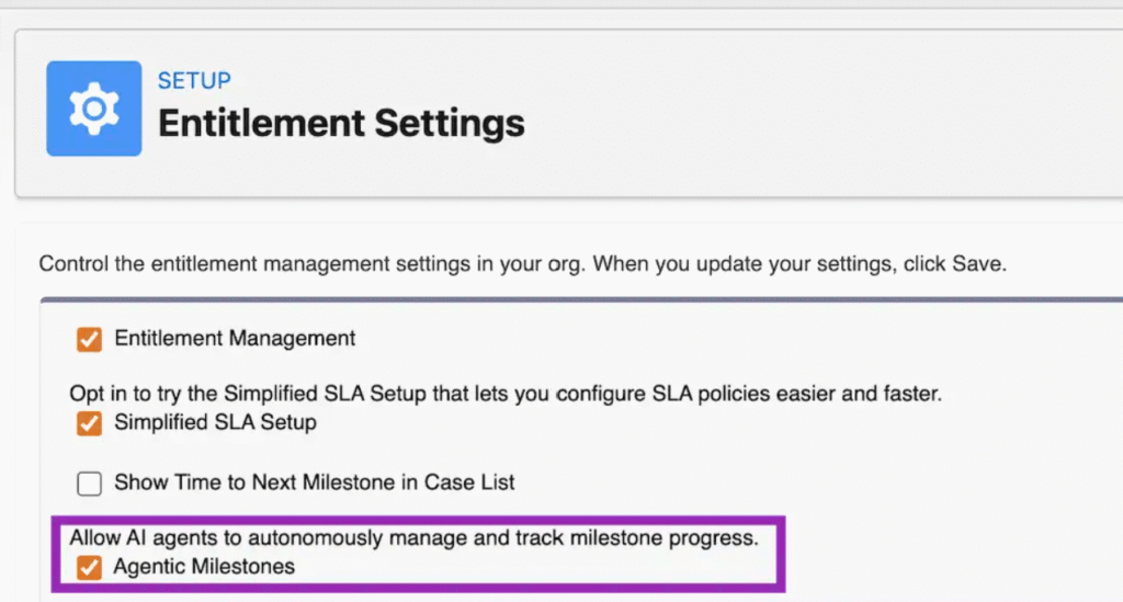 Screenshot of Salesforce Entitlement Settings setup page for Agentic Milestones configuration