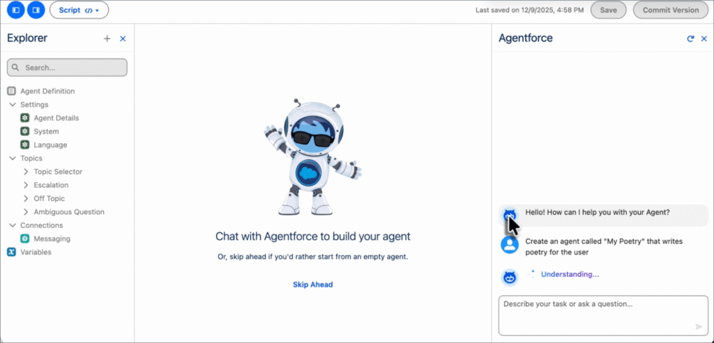 Screenshot of the new Agentforce Builder interface